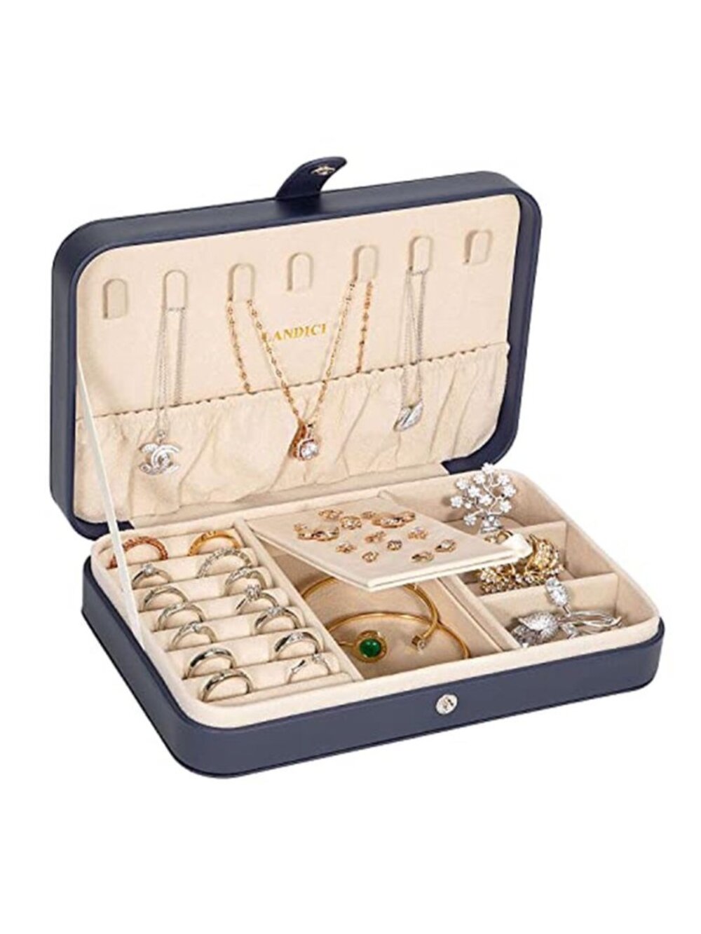 Small Travel Jewelry Box Organizer PU Leather Dark Blue Ring Necklace Earring